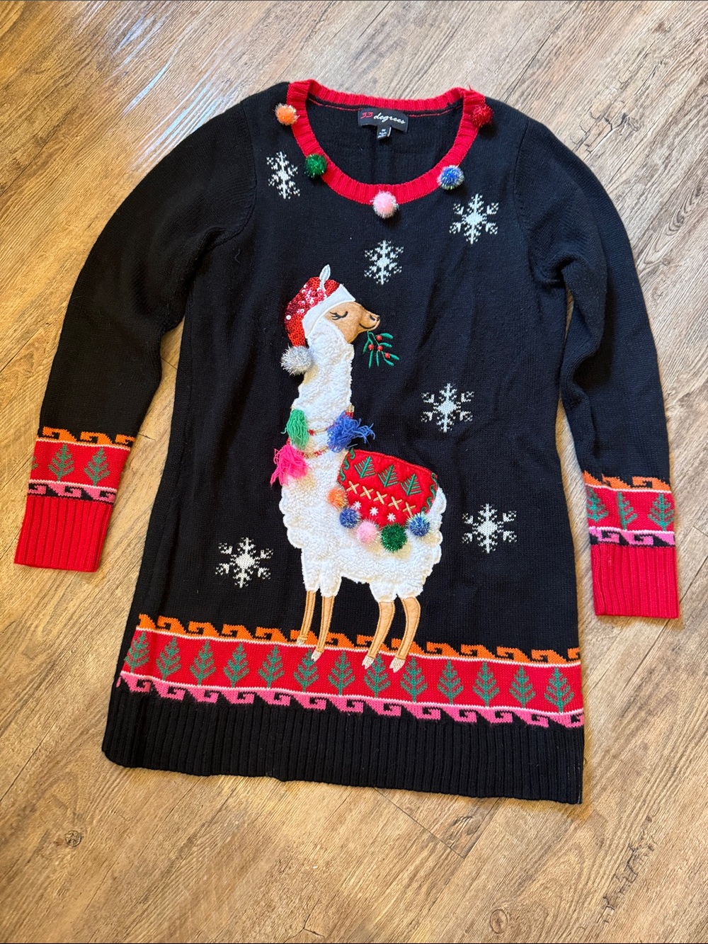 33 Degrees Black Crewneck Sweater Dress with Festive Llama Motif